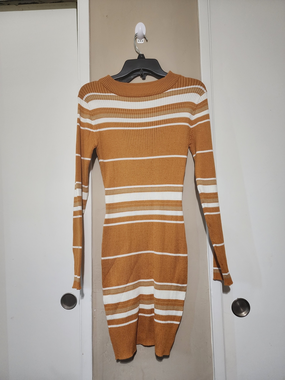 Say What? Mustard and White Striped Long Sleeve Ribbed Dress